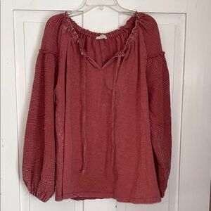 EASEL Womens Tie Neck Slub Washed Top Dusty Rose Medium Drop Shoulder Gauzy Boho